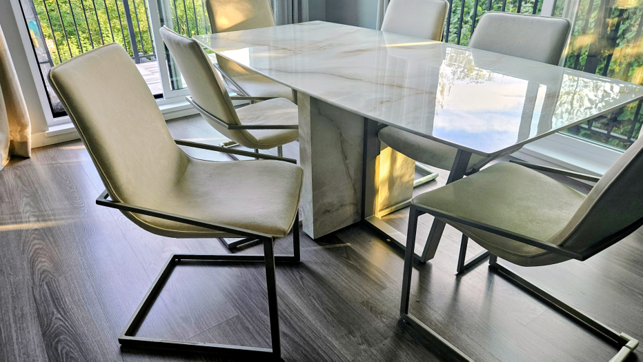 Glossy sintered stone marble look dining table 6 chairs - photo 5