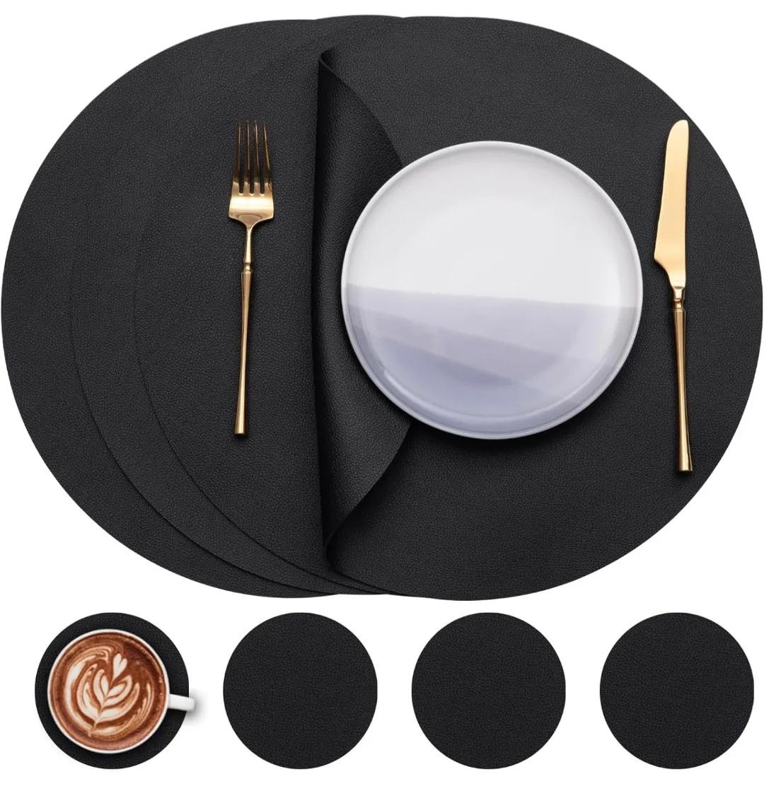 Set of 4 - 15" Round Faux Leather Table Placemats and Coasters thumbnail