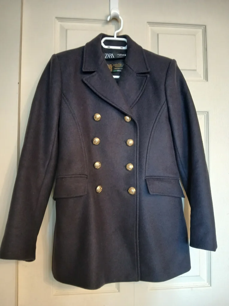 Zara Manteco navy blue button up pea coat, size medium (M) thumbnail