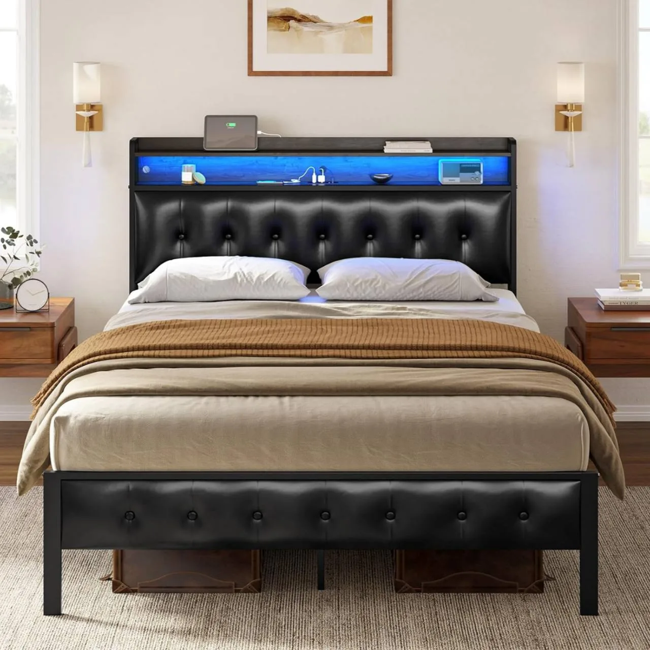 HAUSOURCE Queen Bed Frame with Storage Headboard thumbnail