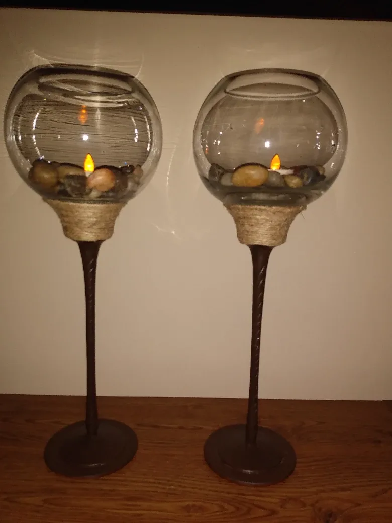 (New) Antique Pair of Candle holder with pebbles , brown bottom image indicator(3)
