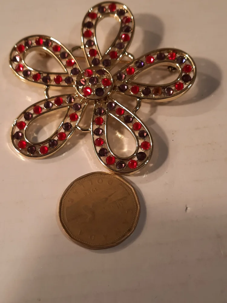 Flower Brooch - Gold Tone with Red & Purple Rhinestones image indicator(5)