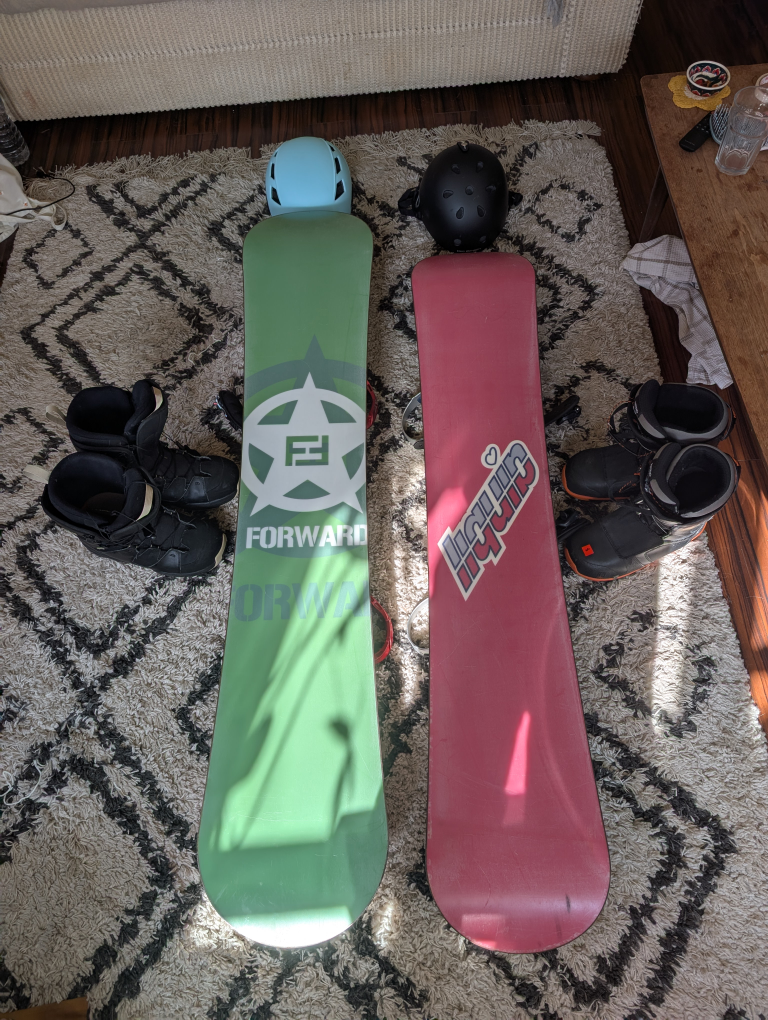Snowboard, Boots, and Helmet Set