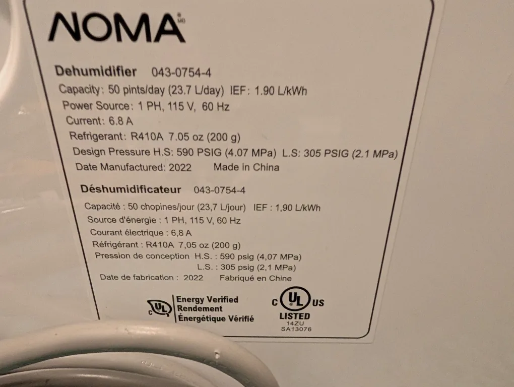 NOMA Dehumidifier model 043-0754-4 image indicator(4)