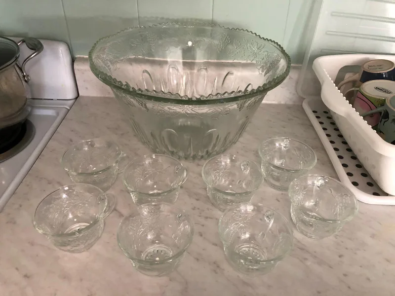 Vintage Glass Punch Bowl Set with Cups thumbnail