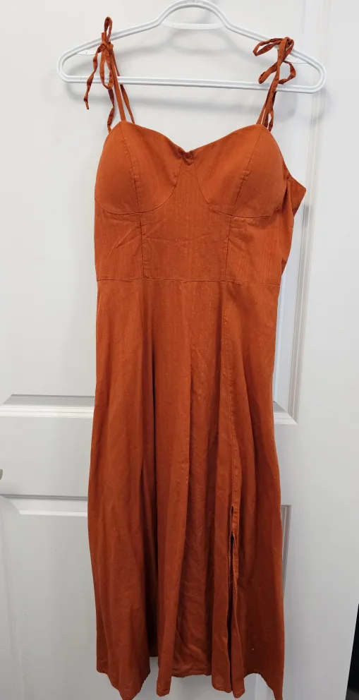 Burnt Orange Sundress with Tie Straps and side slit - Size M thumbnail