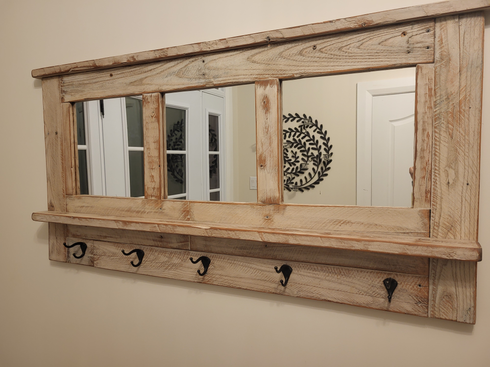Rustic Wood Mirror with Shelf and Hooks