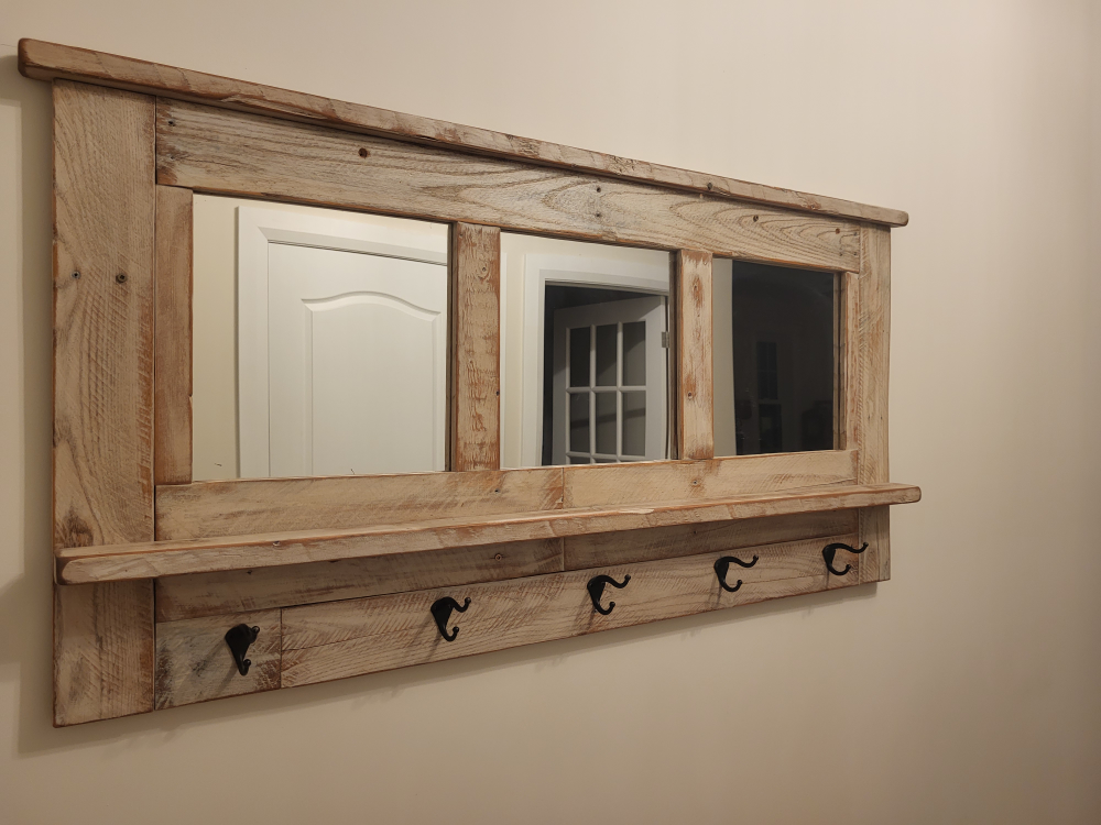 Rustic Wood Mirror with Shelf and Hooks - photo 2