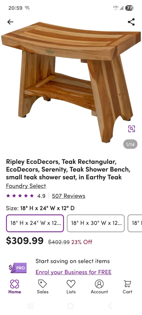 EcoDecors Teak Shower Bench 18"x24"x12" thumbnail