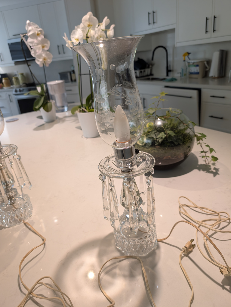 Pair of Crystal Hurricane Lamps