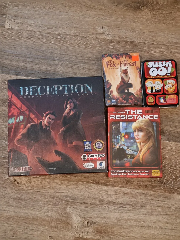 Board Game Lot: Deception, The Resistance, Sushi Go, Fox thumbnail
