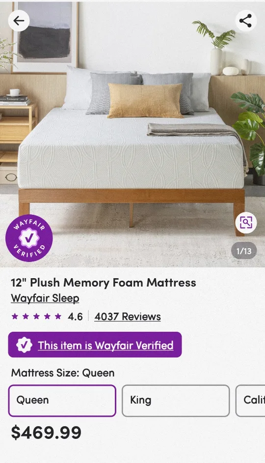 12" Plush Memory Foam Mattress - Queen (New in Box) thumbnail