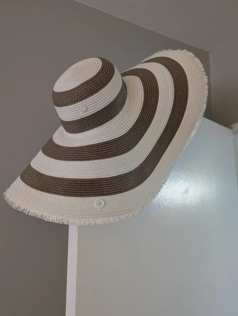 Striped Floppy Sun Hat - Brown & White thumbnail