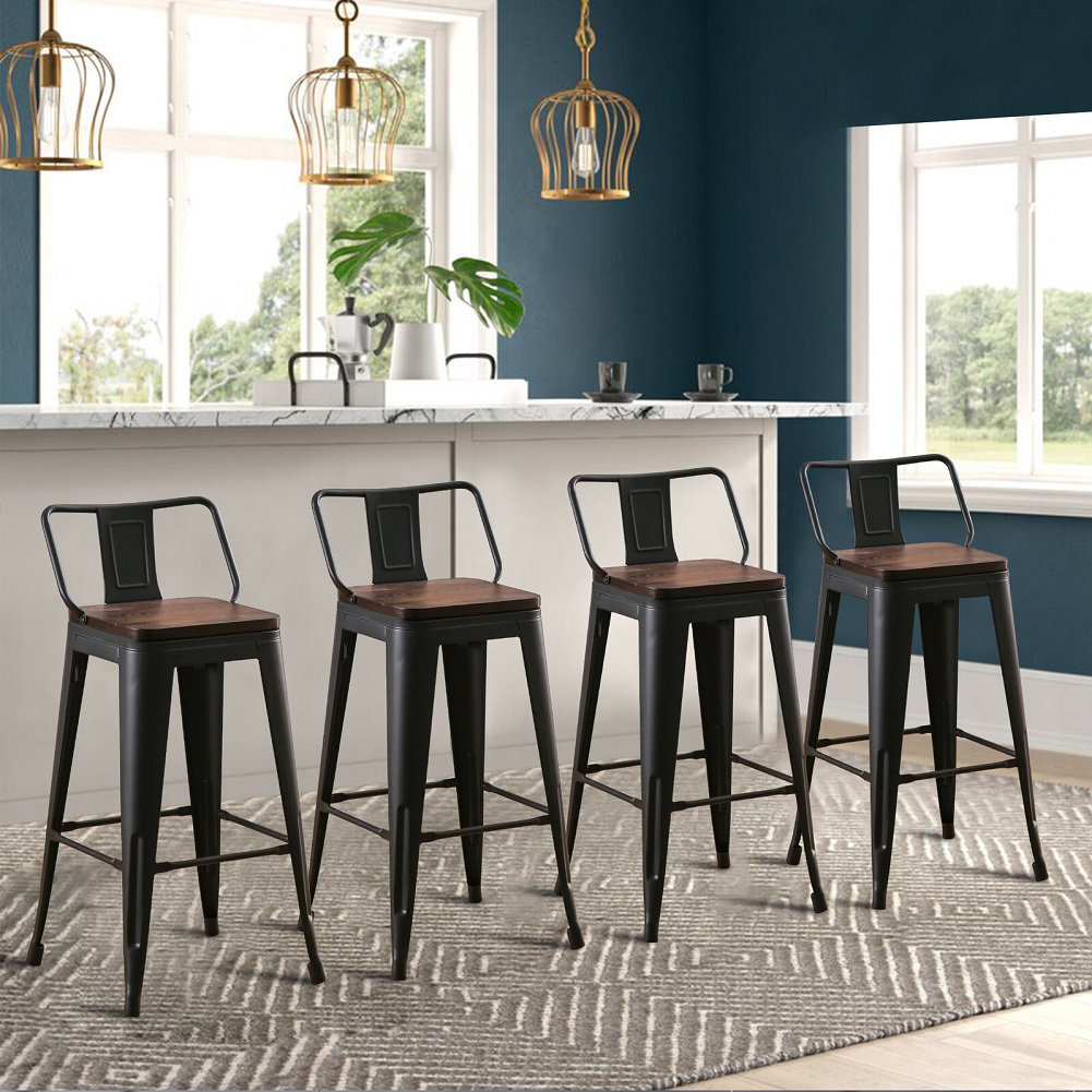 Set of 4 Metal Bar Stools with Wood Seat - photo 2