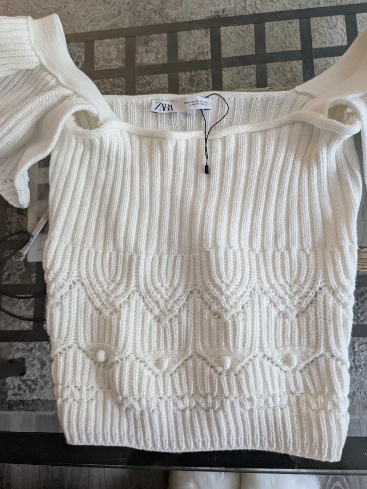 Zara White cropped off the shoulder short sleeve sweater top thumbnail