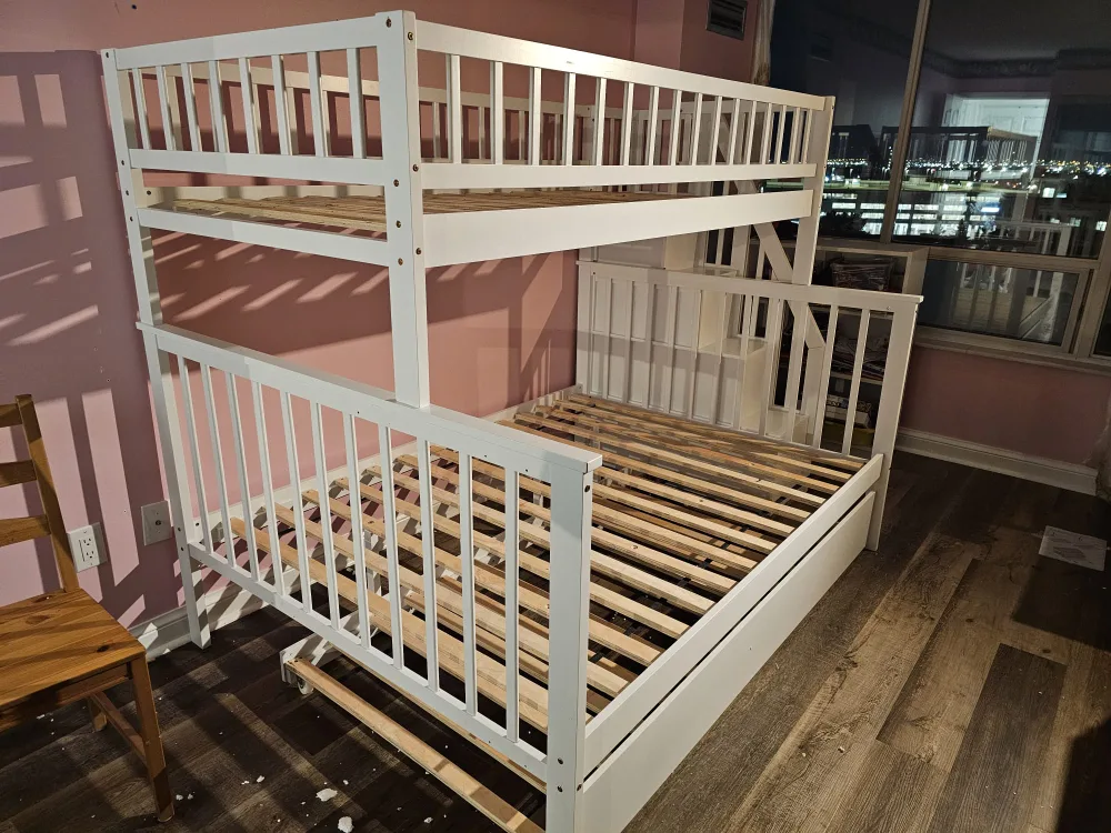 White Wood Bunk Bed with Stairs thumbnail
