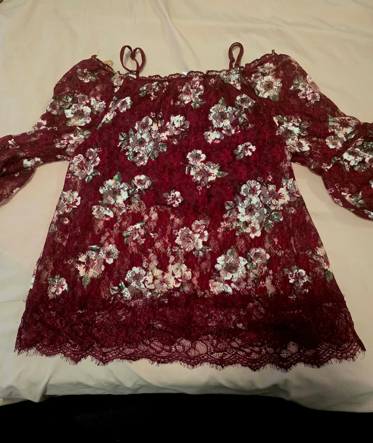 Burgundy Floral Lace Off-Shoulder Top thumbnail