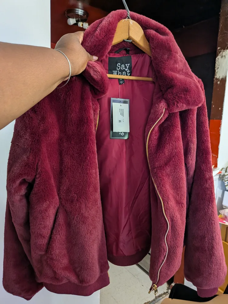 Say What? Burgundy Plush Bomber Jacket - XL thumbnail