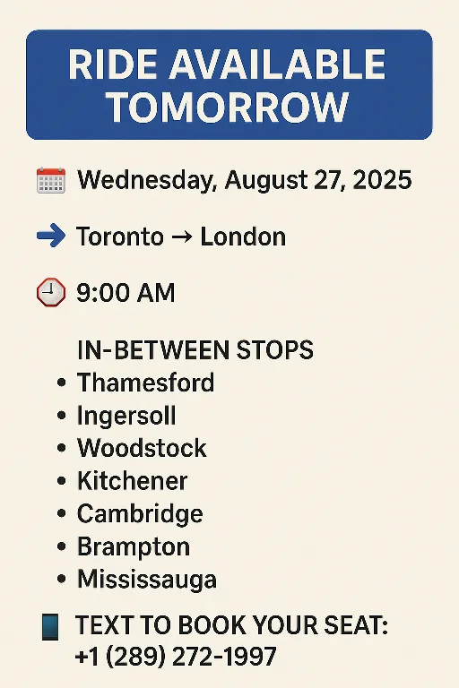 Ride available Toronto to London - August 27, 2025 thumbnail