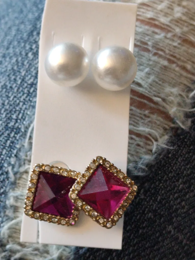 Earring Set - Pearl & Pink Gem thumbnail