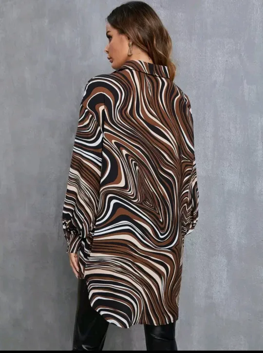 Brown Swirl Pattern Long Sleeve Blouse image indicator(2)