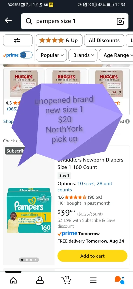 New Pampers Swaddlers Size 1 - 160 Diapers thumbnail