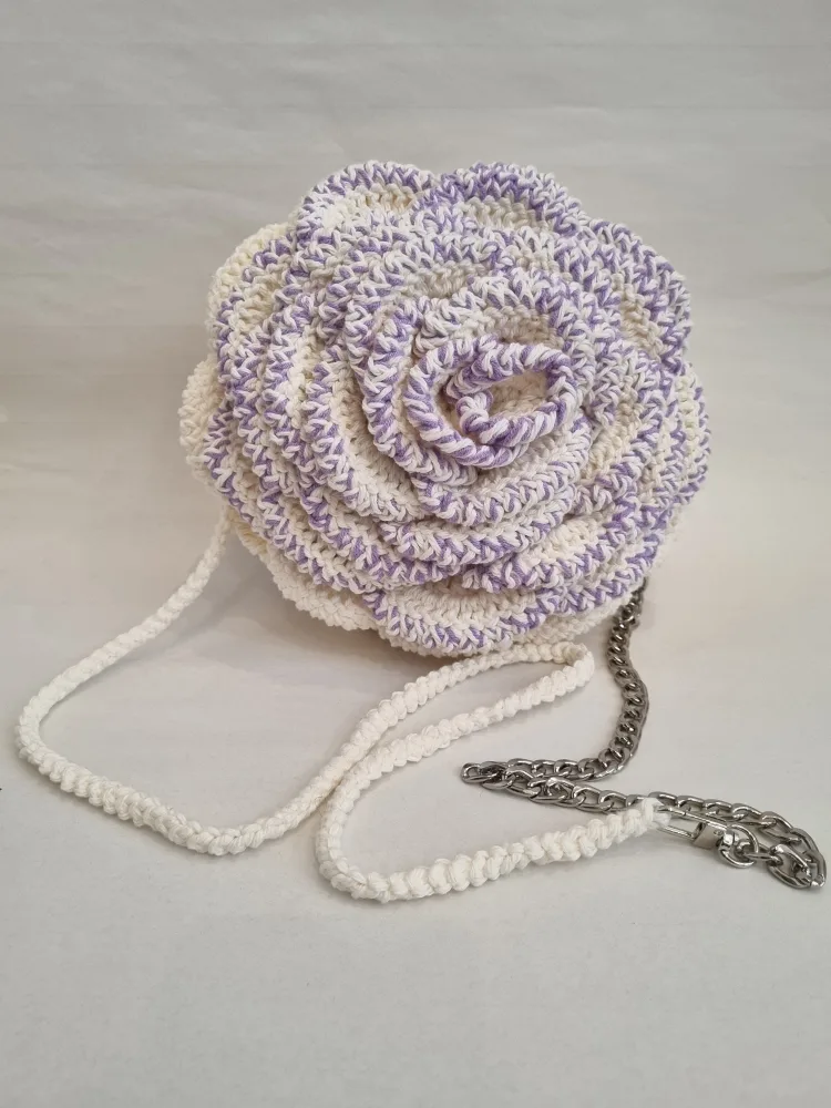 Handmade Crochet Rose Bag - Purple & Cream thumbnail
