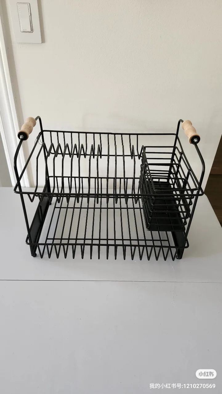Black Metal Dish Rack with Wood Handles image indicator(3)