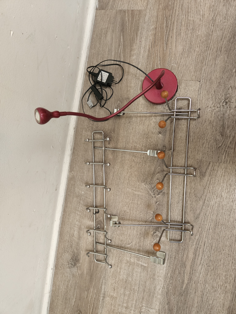 Red Adjustable Desk Lamp & Metal Wall Rack