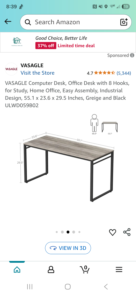 VASAGLE Computer Desk, 55.1-Inch, Greige - photo 3
