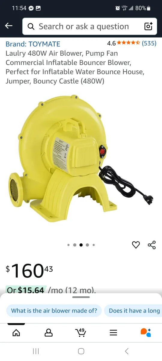 TOYMATE Laulry 480W Air Blower - Bouncy Castle Pump brand new image indicator(3)