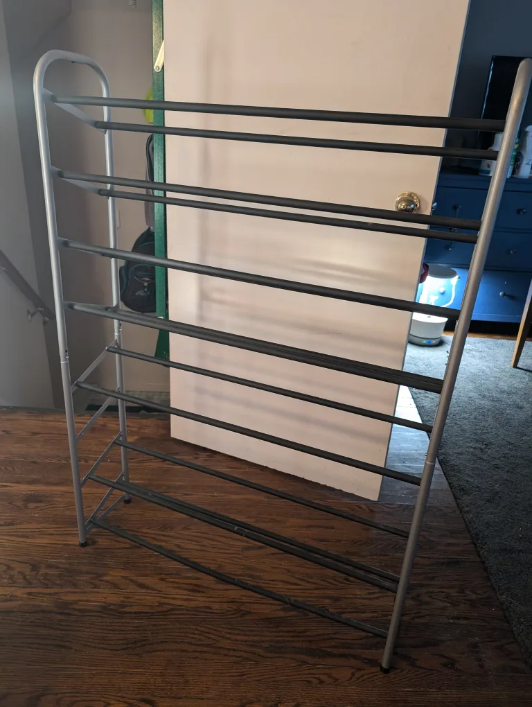 Metal Shoe Rack - Black & Silver, sold AS IS, missing tier thumbnail