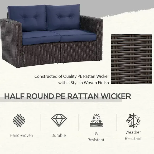 Black PE Rattan Wicker Loveseat with Navy Cushions image indicator(4)