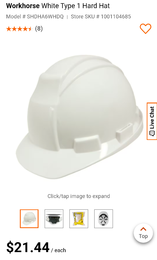 Workhorse White Type 1 Hard Hat