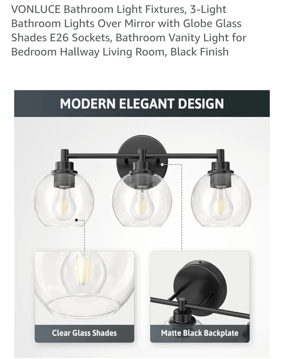 modern Vonluce 3-Light Bathroom Vanity Light - Black thumbnail