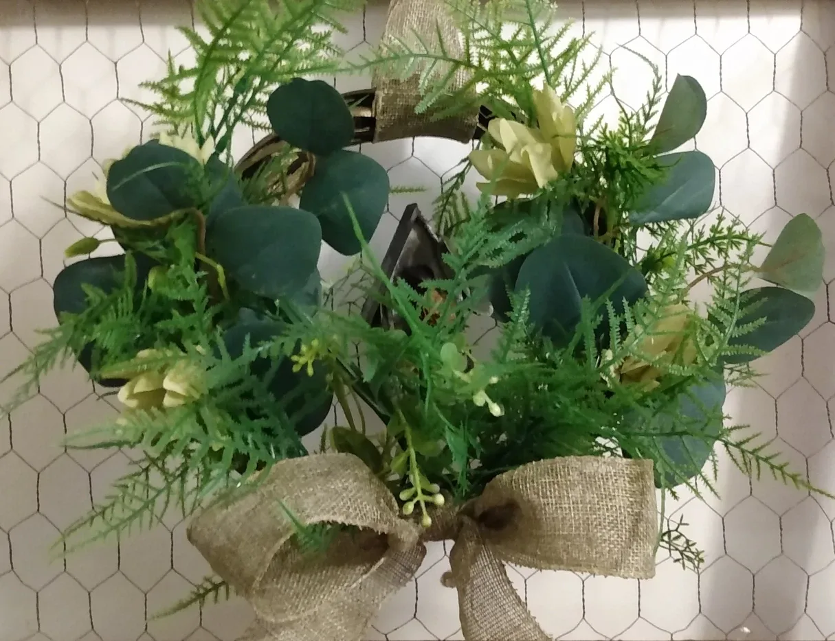Lovely Floral Wreath with Burlap Ribbon and Ferns thumbnail