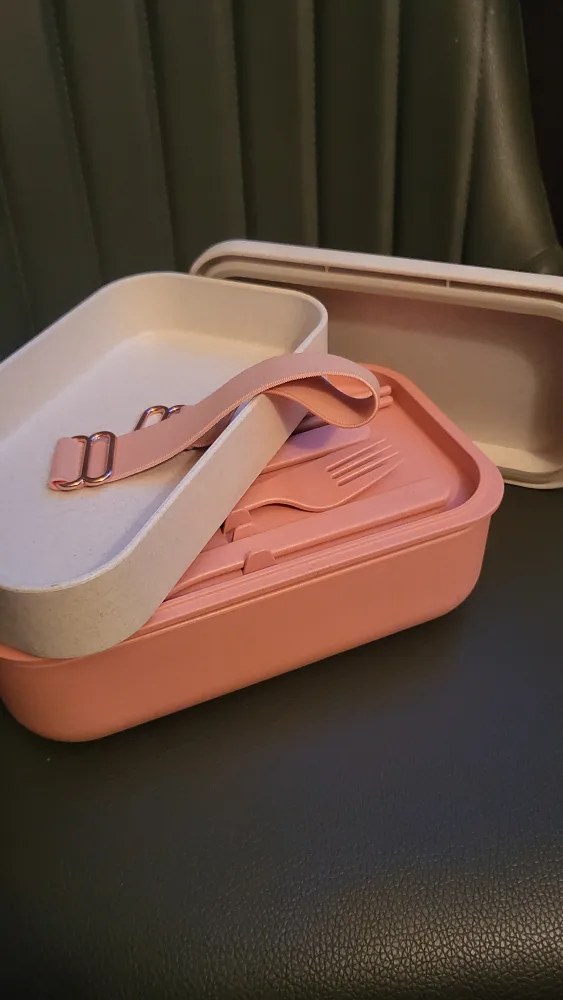🧡Pink & Beige Bento Lunch Box with Cutlery image indicator(2)