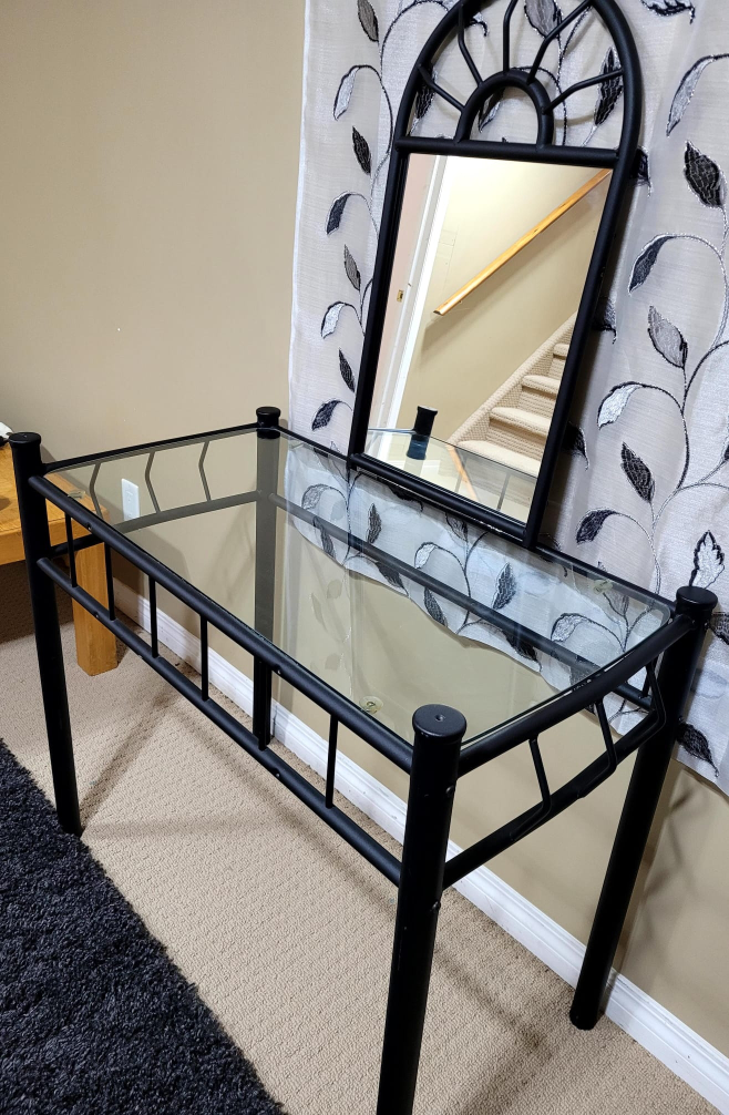 Black Metal & Glass Vanity Table with Mirror