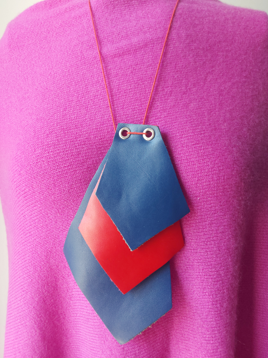 Handmade Leather Necklace - Blue & Red