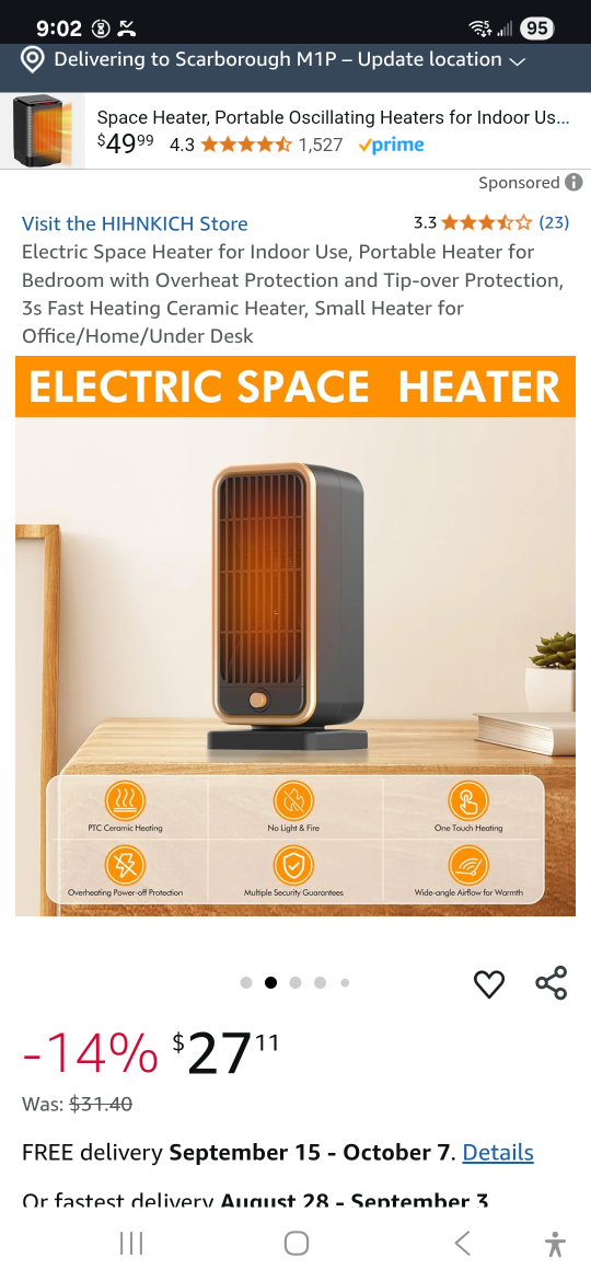 Electric Space Heater, 500W, open box - photo 2