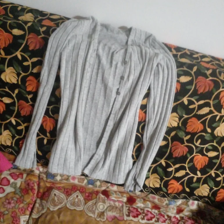 Grey Ribbed Long Sleeve button sweater thumbnail