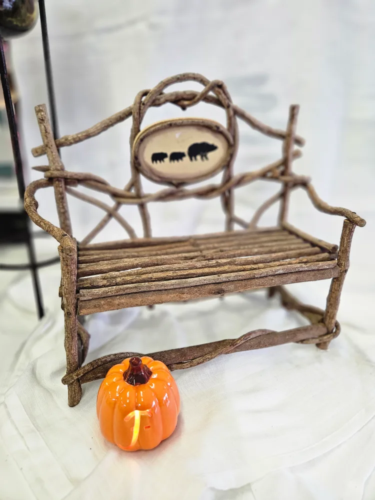 Rustic Wooden Bench with Bear Design thumbnail