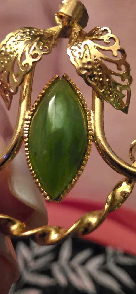 Nephrite Jade on Gold Tone Filigree Pendant  thumbnail