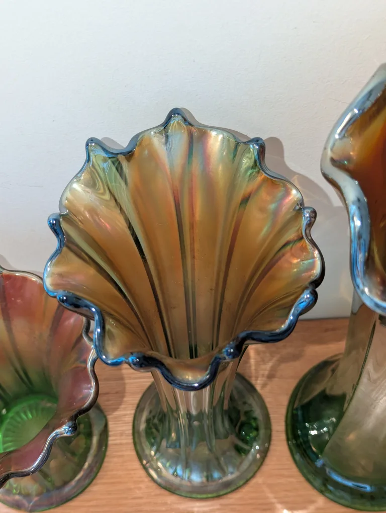 3 Iridescent Green Northwood Vases $35 each image indicator(5)