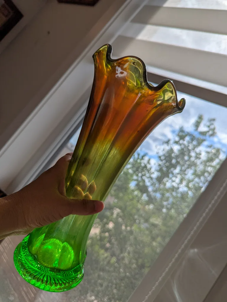 3 Iridescent Green Northwood Vases $35 each image indicator(8)