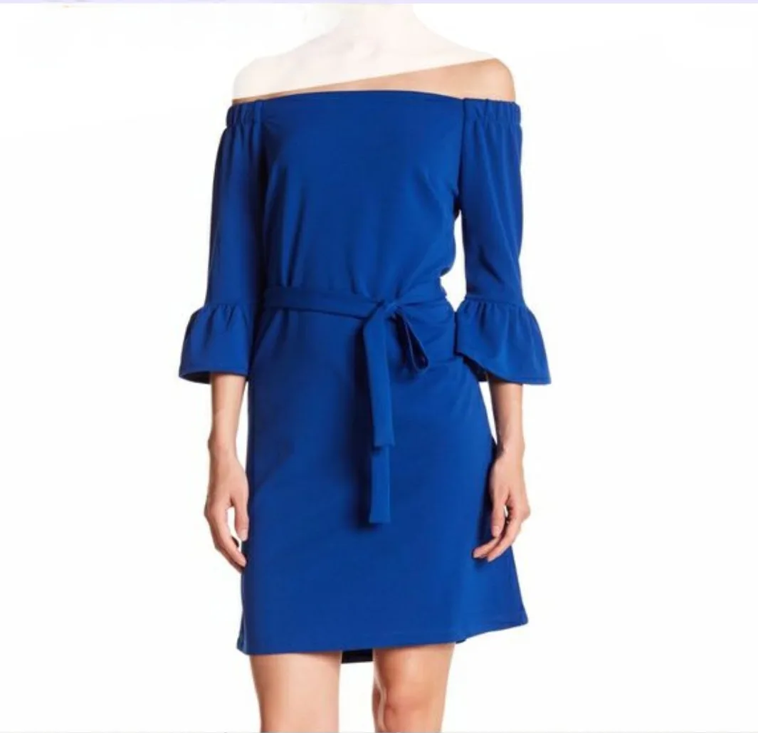 Brand New A.B.S. Collection Off-Shoulder Blue Shift Dress thumbnail