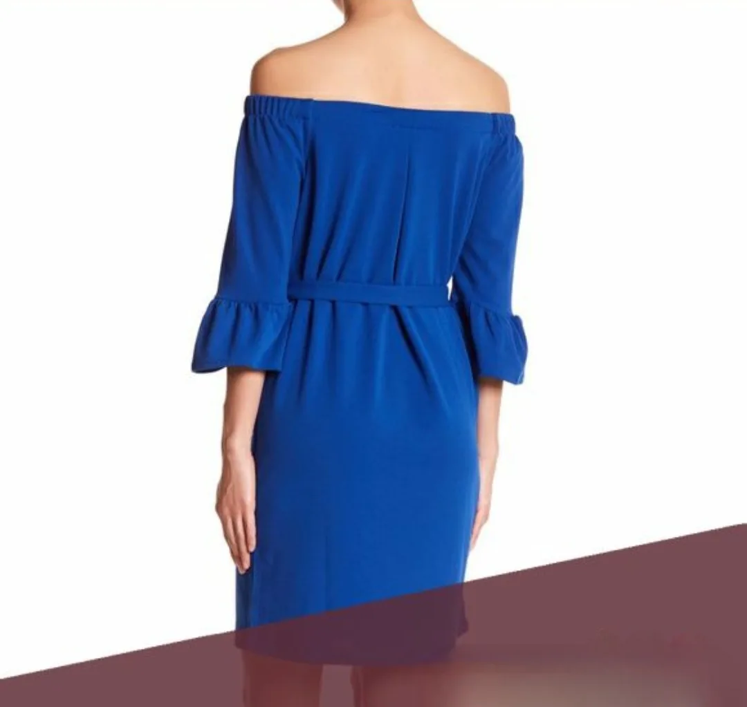 Brand New A.B.S. Collection Off-Shoulder Blue Shift Dress image indicator(2)