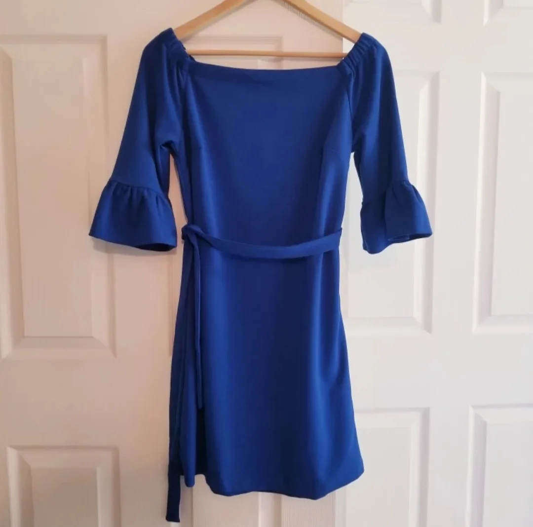 Brand New A.B.S. Collection Off-Shoulder Blue Shift Dress image indicator(3)