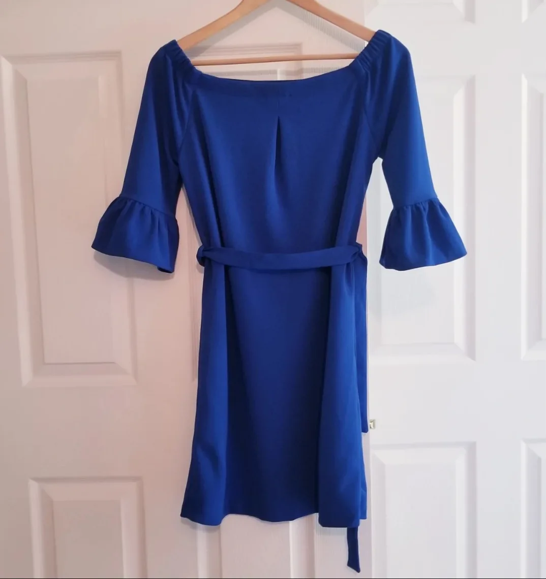 Brand New A.B.S. Collection Off-Shoulder Blue Shift Dress image indicator(4)