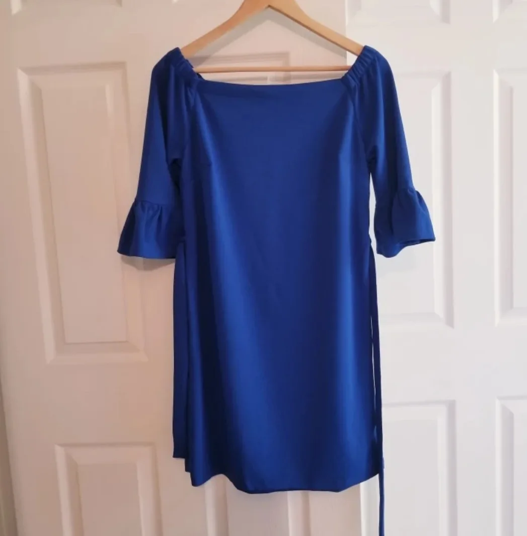 Brand New A.B.S. Collection Off-Shoulder Blue Shift Dress image indicator(5)